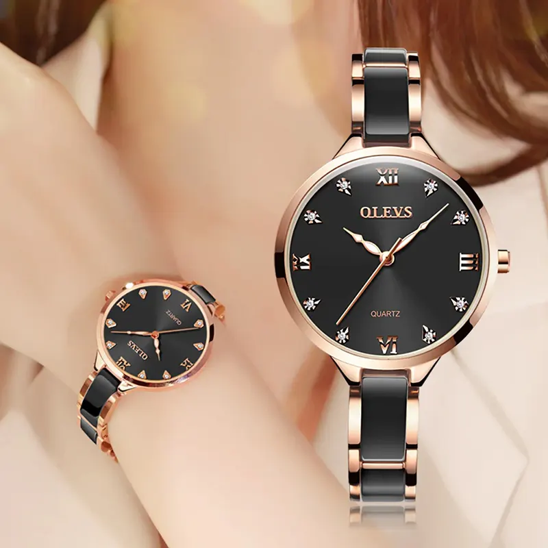 Olevs Luxurious Quartz Black Dial Ladies Watch- 5872